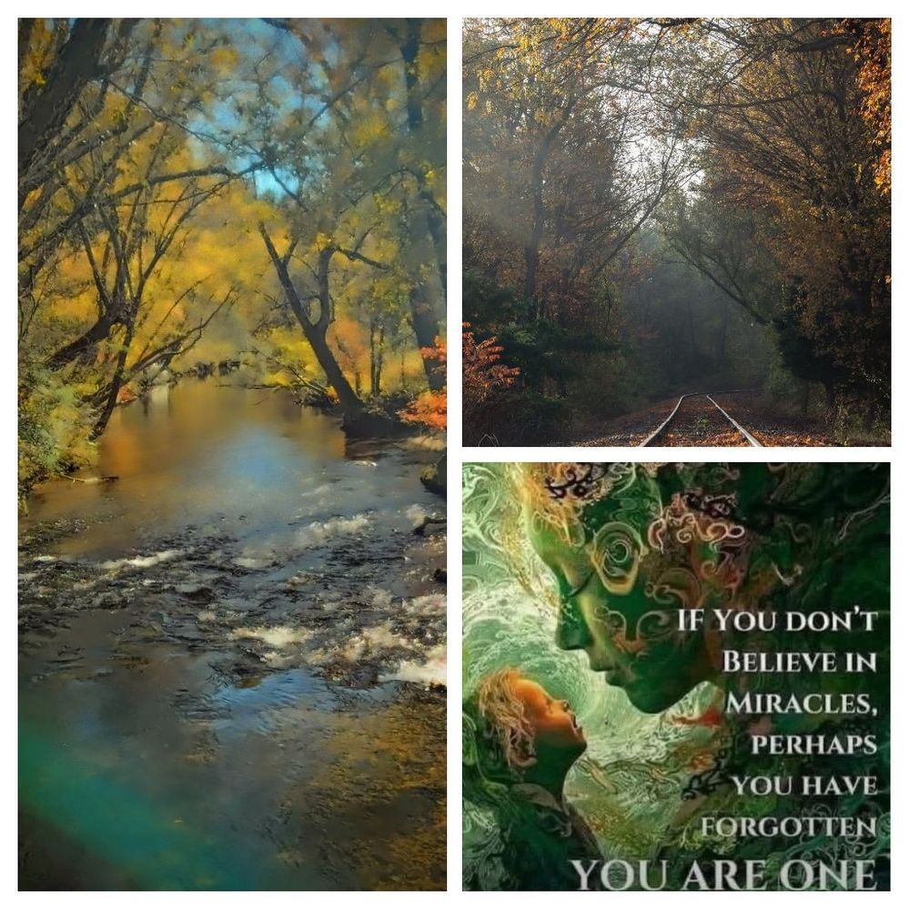 A stream under Fall foliage, a railroad ditto, and the words if you don't believe in miracles perhaps you have forgotten that you are one.