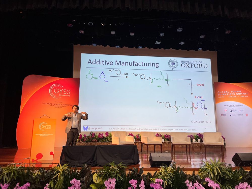 Kam Poon delivering his research talk on the additive manufacturing of sustainable polymers on the GYSS stage.