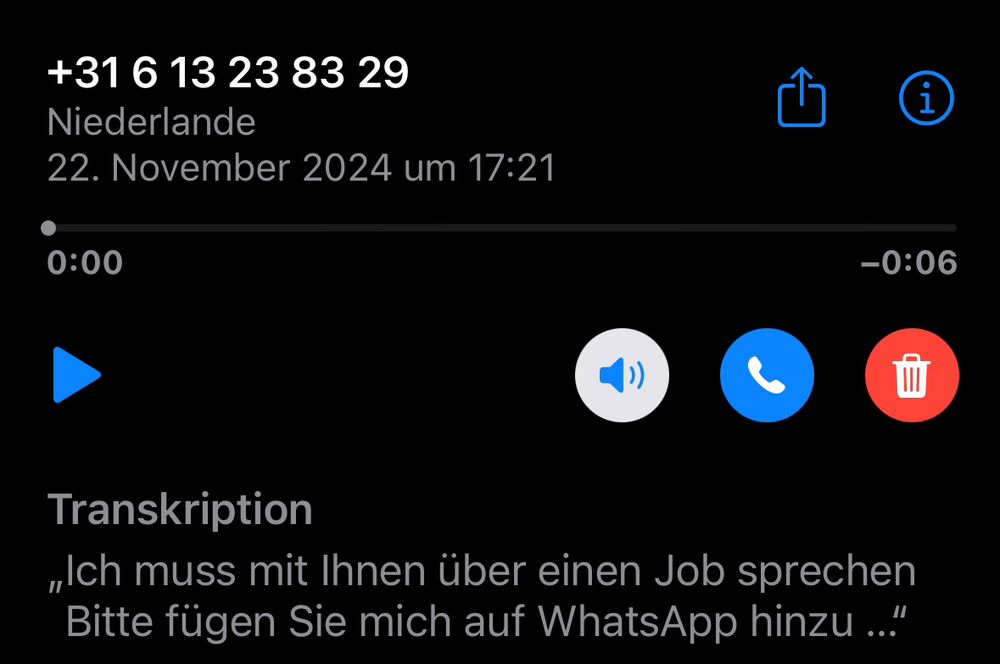 Transcription der visual mailbox am iPhone woraus man sehen kann, dass der Anruf ein vermeintliches Jobangebot sei