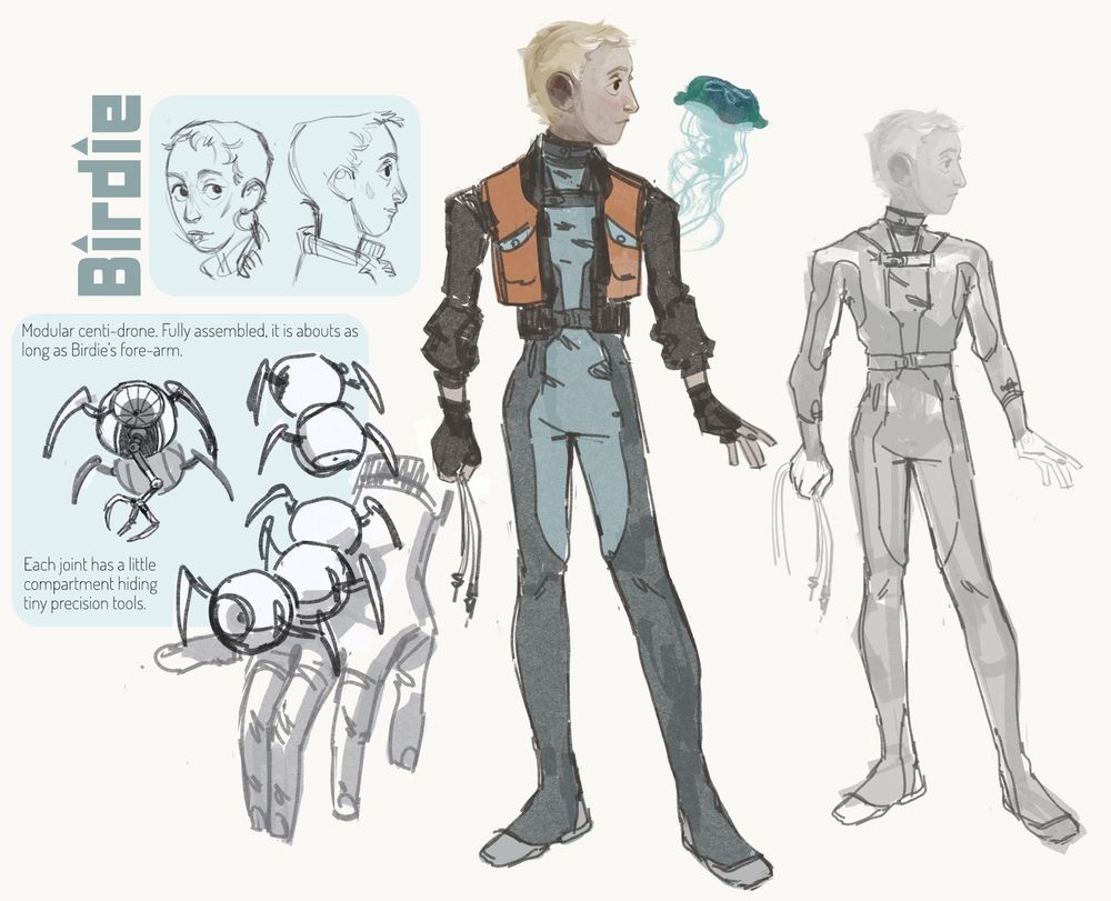 Design sheet of a sci-fi character, showing an outfit and a callout for a small centipede robot companion. 