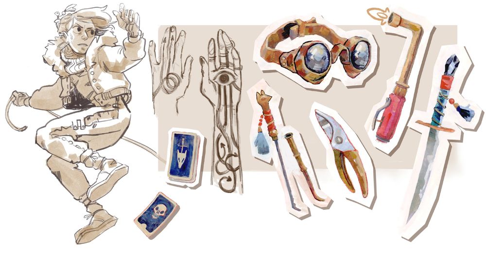 gouache paintings of various scoundrel-y items, including a pocket blowtorch, a dagger, a pair of goggles. These are cut out and layered on top of a digital backdrop with a jumping character.