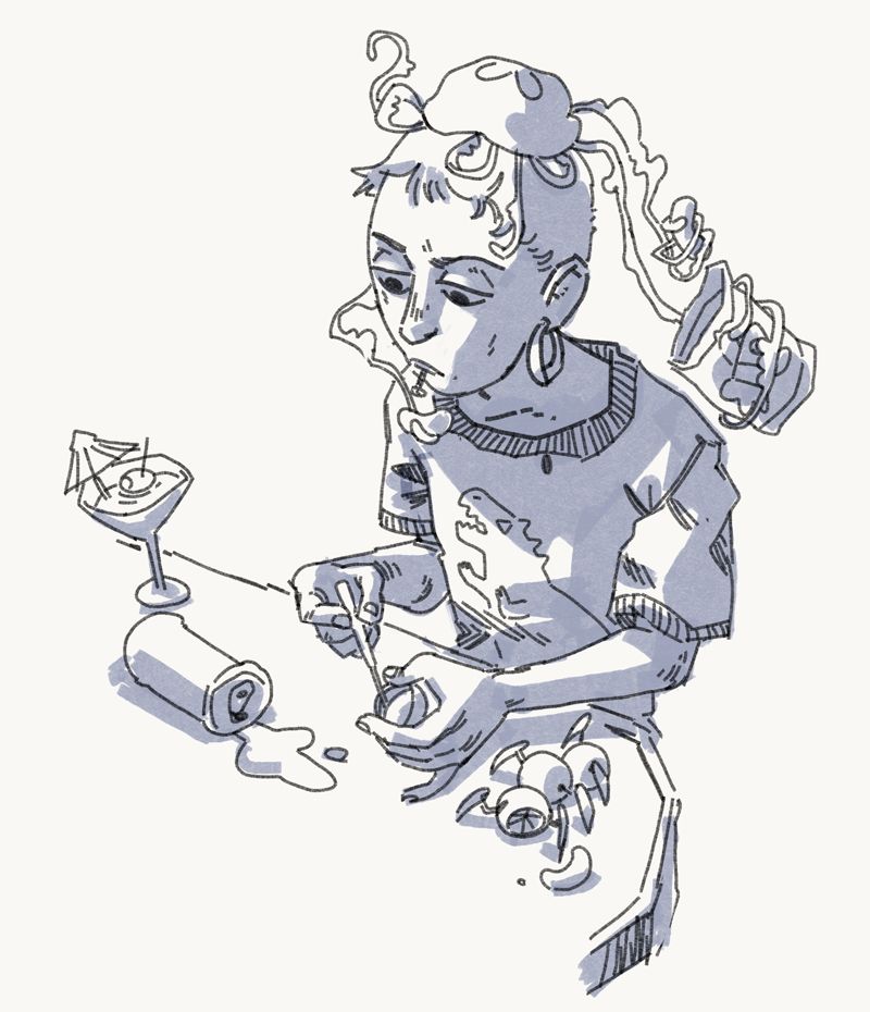 Same character as in previous sheet, but this time it's a line doodle of them fixing the centipede-robot. A jellyfish sits on their head, holding a packet of crisps. 