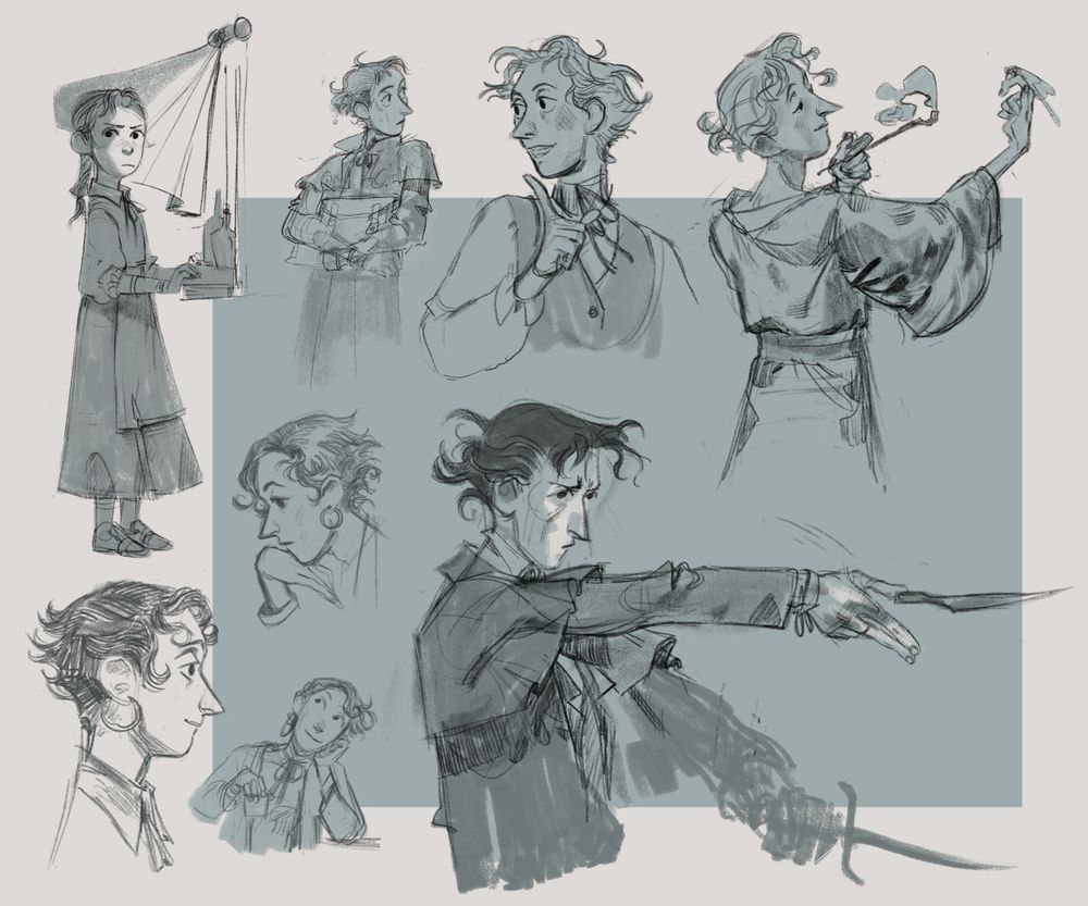 Digital pencil sketches of a character in various poses 