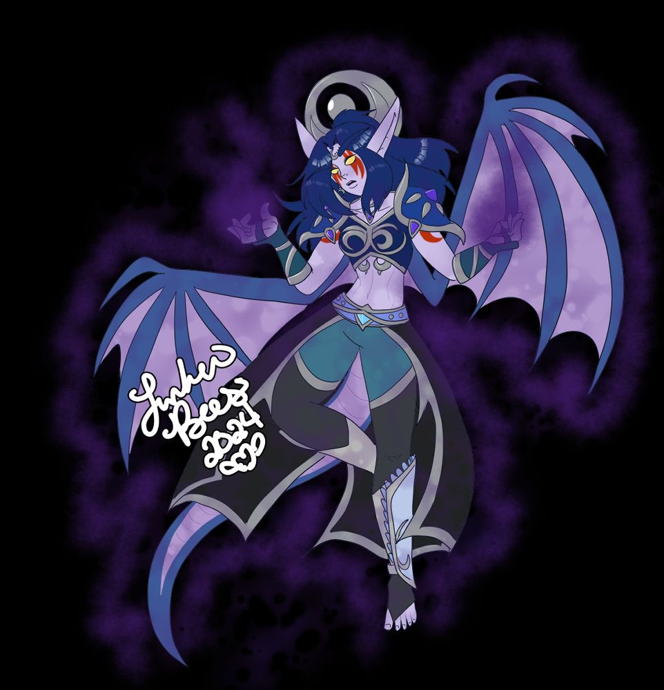 Night elf priest with dragon wings and tail from World of Warcraft.  She/her.