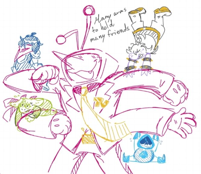 Ant Tenna holding the kiddos like a giant mechanical game, it reads "many arms to hold many friends"