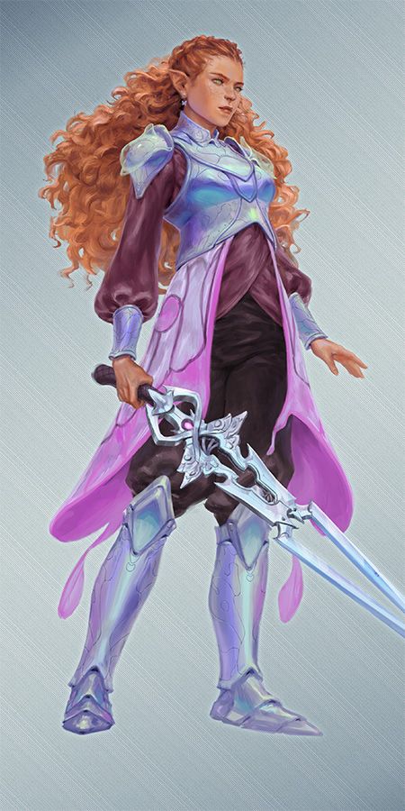 A red-headed elf woman wearing plate armor and wielding an elegantly crafted techno-sword.