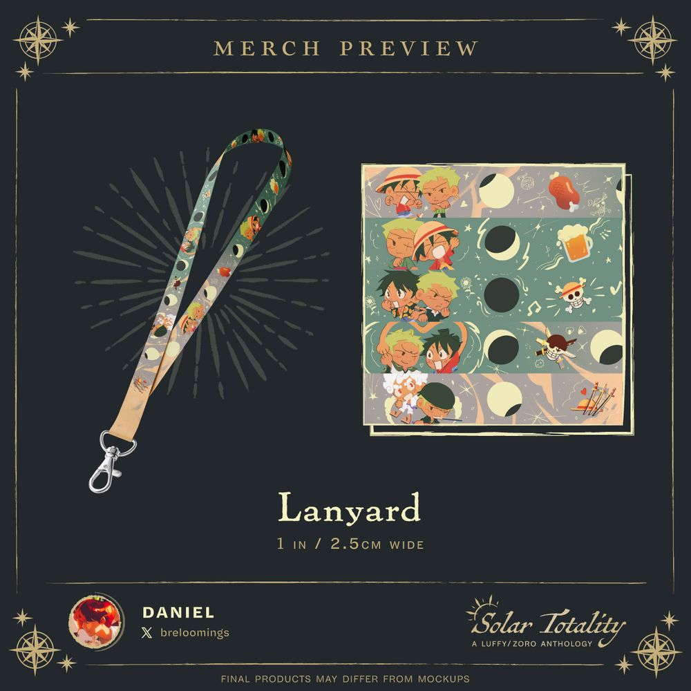Merch preview: Lanyard. 1 in / 2.5cm wide. A lanyard featuring Luffy and Zoro's different outfits across the series, with an image of the lanyard on the left and a close up of the individual illustrations on the right. [Credit] breloomings (Twitter). *Final products may differ from mockups