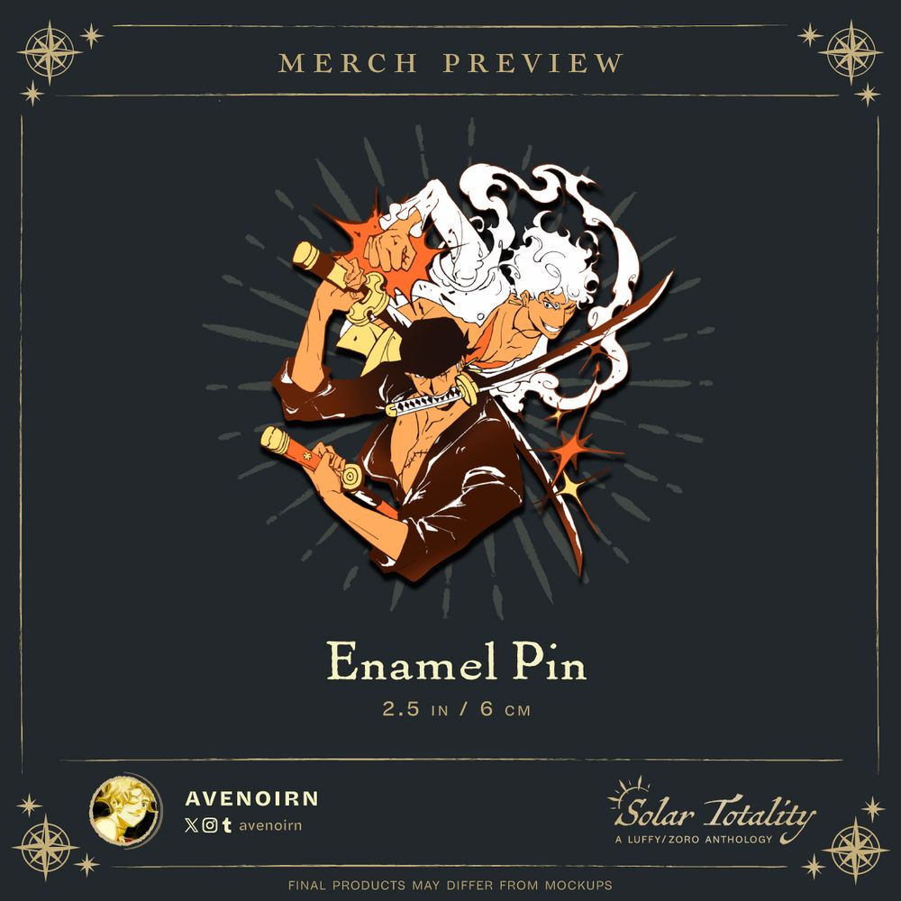 Merch preview: Enamel Pin. 2.5 in / 6 cm. An enamel pin design depicting Gear 5 Luffy and Onigashima Zoro. [Credit] avenoirn (Twitter). *Final products may differ from mockups
