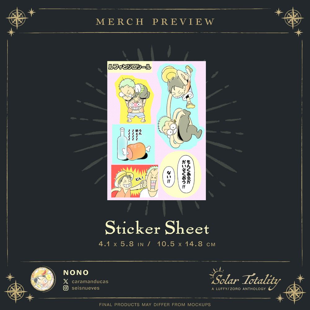 Merch preview: Sticker sheet 4.1 x 5.8in / 10.5 x 14.8 cm. Stickers featuring Luffy and Zoro playing around, text, and a bottle of sake next to a piece of meat.