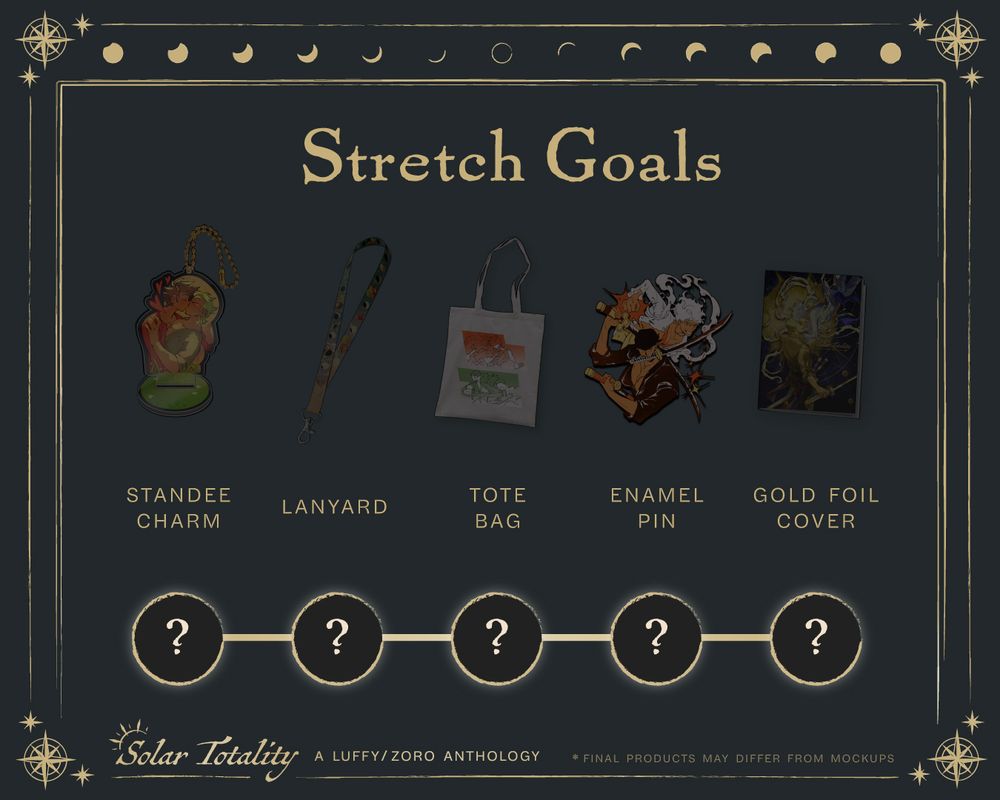 Image showcasing the 5 Solar Totality Stretch Goals: Standee Charm, Lanyard, Tote Bag, Enamel Pin, and Gold Foil Cover