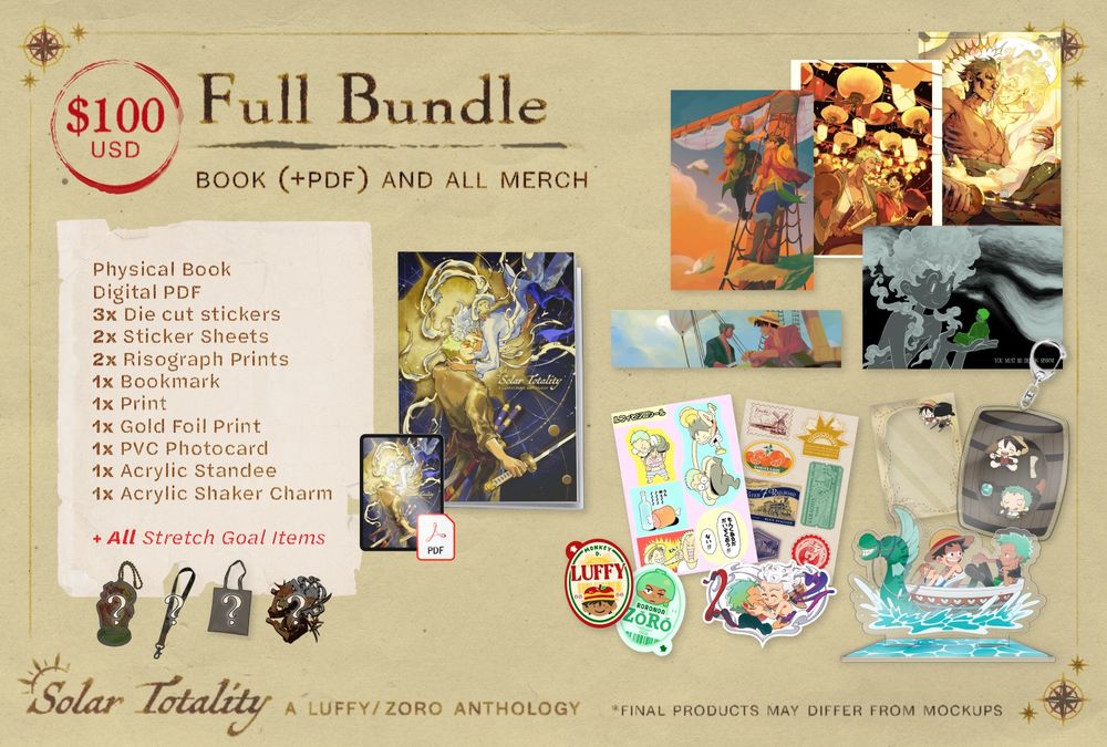 $100 USD – Full Bundle: Book (+PDF) and all merch. *Final products may differ from mockups.
