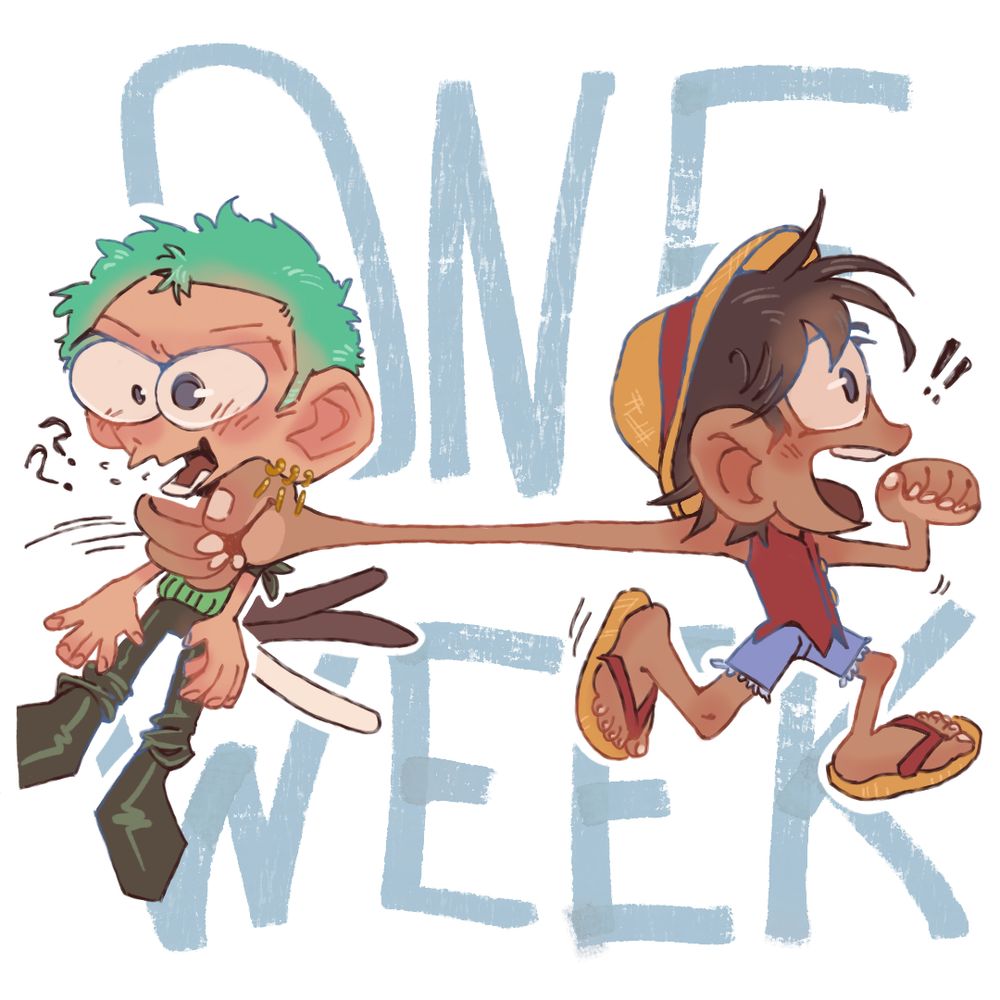 Art by ryvols featuring Luffy excitedly running forward while he grasps a shocked Zoro by the neck with a stretched out arm. The background says "ONE WEEK"