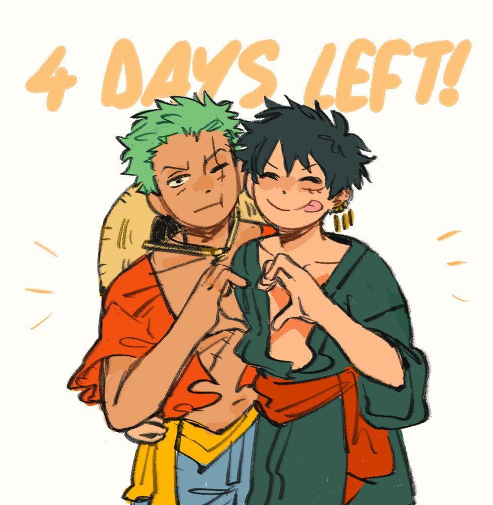 Art by toughbunny4ever of Luffy and Zoro wearing each other's clothes and holding up one hand each to make a heart together. TEXT: 4 days left!