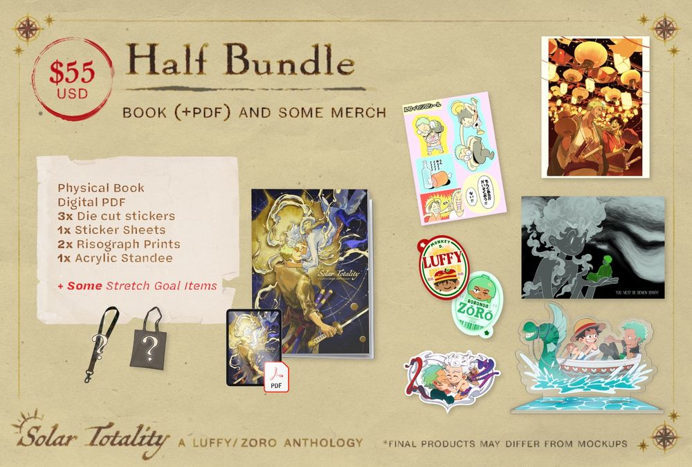 $55 USD – Half Bundle: Book (+PDF) and some merch. *Final products may differ from mockups.
