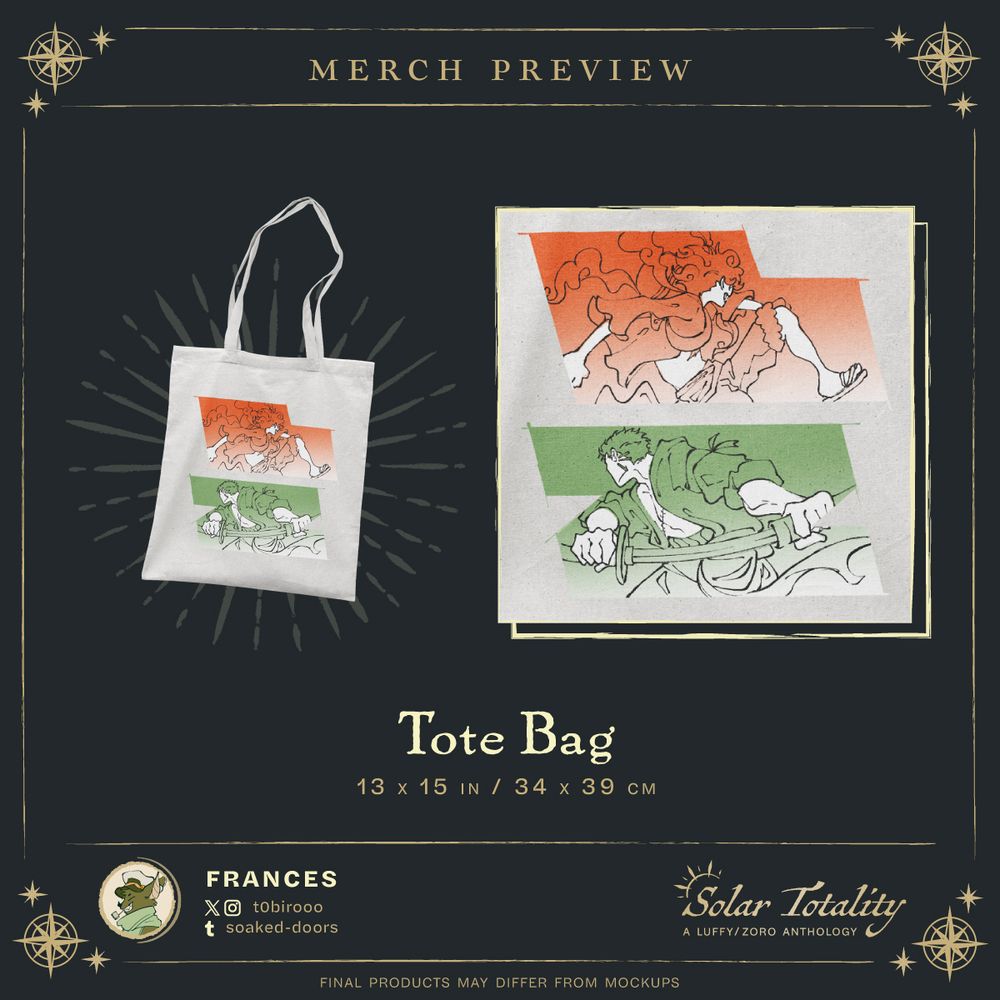 Merch preview: Tote bag. 13 x 15 in / 34 x 39cm. A white tote bag featuring one red panel of Gear 5 Luffy on the attack, and one green panel of Zoro unsheating his sword. [Credit] t0birooo (Twitter). *Final products may differ from mockups