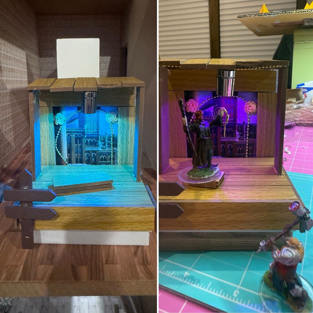 A little jewelry box built up to be a miniature podium snake oil style storefront meant for dungeons and dragons 