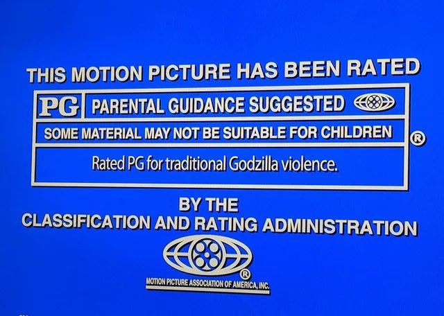 An MPAA content rating for Godzilla vs Biollante that says "Rated PG for traditional Godzilla violence"