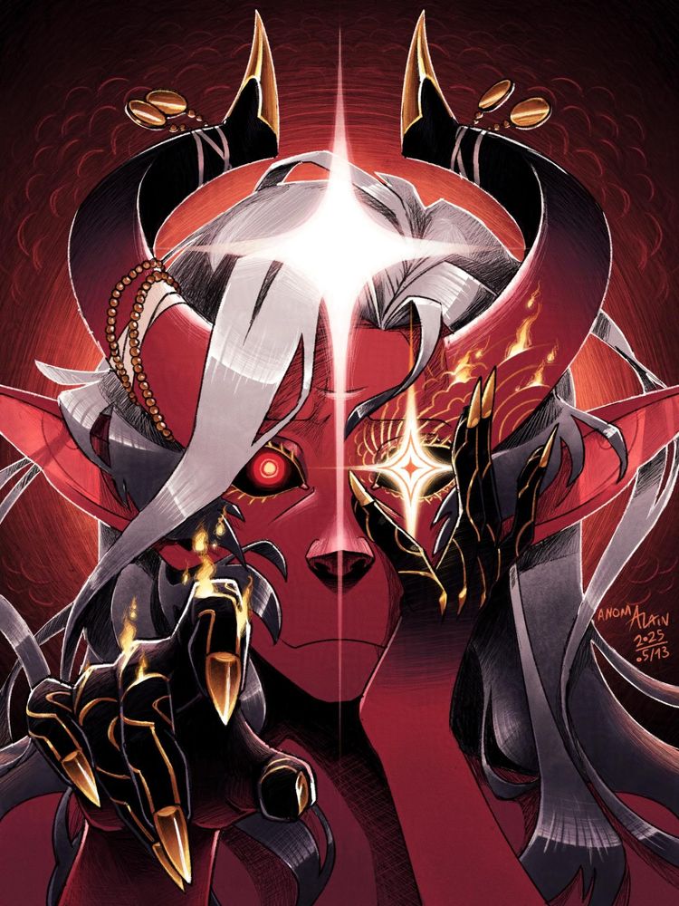 A fanart/DTIYS by anomAlain of an illustration of one of Narney's character.

A red horned character with long ear. She is facing the viewer in a shocked expression. Her dark hands with gold nails and accents are going around her face. She has no mouth. She has long white hair going on dark blue. Her right hand makes a gesture toward the viewer.
A star is coming out from her left eye shining. Magic sparks out of the gold accents on her head and right hand.