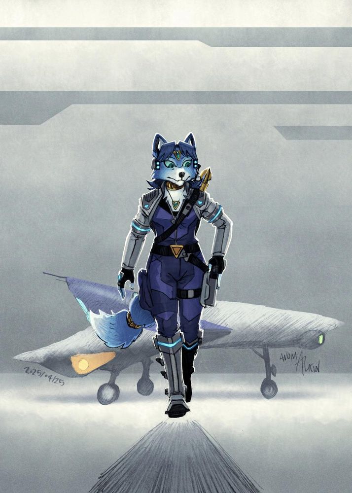 A pencils and digital color fanart of Krystal from the Starfox videogame series.

Krystal is a blue furred vixen with light markings on the snout, eyes, paws & tail tip and dark blue hair. Her eyes are turquoise with light cyan sclera. She wears a golden tiara with a single cyan diamond at its center, a golden collar and a necklace similar to the tiara. One of her two tail rings is visible. Krystal also wears a commlink headset, an indigo blue suit with a black top section, a light grey bolero jacket with shoulder pads and arm rings, a belt with a triangular buckle, black fingerless gloves and armored boots. Her weapons consist of a golden energy staff holstered behind her back and a blaster pistol holstered on her left thigh. Blue light accents are seen on her headset, shoulder pads, arm rings, gloves and boots.

Krystal walks towards the viewer as she puts her blaster into its holster. She walks away from her Arwing starfighter stationed in a hangar.