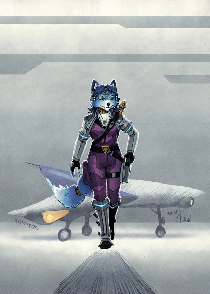 A pencils and digital color fanart of Krystal from the Starfox videogame series.

Krystal is a blue furred vixen with light markings on the snout, eyes, paws & tail tip and dark blue hair. Her eyes are turquoise with light cyan sclera. She wears a golden tiara with a single cyan diamond at its center, a golden collar and a necklace similar to the tiara. One of her two tail rings is visible. Krystal also wears a commlink headset, a purple suit with a black top section, a light grey bolero jacket with shoulder pads and arm rings, a belt with a triangular buckle, black fingerless gloves and armored boots. Her weapons consist of a golden energy staff holstered behind her back and a blaster pistol holstered on her left thigh. Blue light accents are seen on her headset, shoulder pads, arm rings, gloves and boots.

Krystal walks towards the viewer as she puts her blaster into its holster. She walks away from her Arwing starfighter stationed in a hangar.
