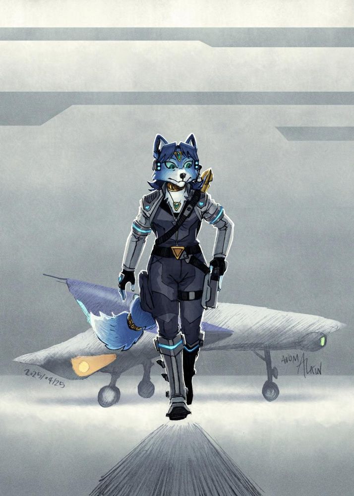 A pencils and digital color fanart of Krystal from the Starfox videogame series.

Krystal is a blue furred vixen with light markings on the snout, eyes, paws & tail tip and dark blue hair. Her eyes are turquoise with light cyan sclera. She wears a golden tiara with a single cyan diamond at its center, a golden collar and a necklace similar to the tiara. One of her two tail rings is visible. Krystal also wears a commlink headset, a dark gray suit with a black top section, a light grey bolero jacket with shoulder pads and arm rings, a belt with a triangular buckle, black fingerless gloves and armored boots. Her weapons consist of a golden energy staff holstered behind her back and a blaster pistol holstered on her left thigh. Blue light accents are seen on her headset, shoulder pads, arm rings, gloves and boots.

Krystal walks towards the viewer as she puts her blaster into its holster. She walks away from her Arwing starfighter stationed in a hangar.