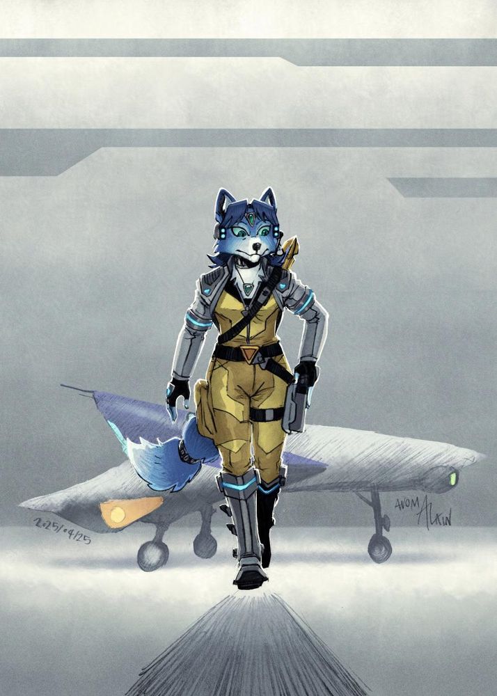 A pencils and digital color fanart of Krystal from the Starfox videogame series.

Krystal is a blue furred vixen with light markings on the snout, eyes, paws & tail tip and dark blue hair. Her eyes are turquoise with light cyan sclera. She wears a silver tiara with a single cyan diamond at its center, a silver collar and a necklace similar to the tiara. One of her two tail rings is visible. Krystal also wears a commlink headset, a yellow suit with a black top section, a light grey bolero jacket with shoulder pads and arm rings, a belt with a triangular buckle, black fingerless gloves and armored boots. Her weapons consist of a golden energy staff holstered behind her back and a blaster pistol holstered on her left thigh. Blue light accents are seen on her headset, shoulder pads, arm rings, gloves and boots.

Krystal walks towards the viewer as she puts her blaster into its holster. She walks away from her Arwing starfighter stationed in a hangar.