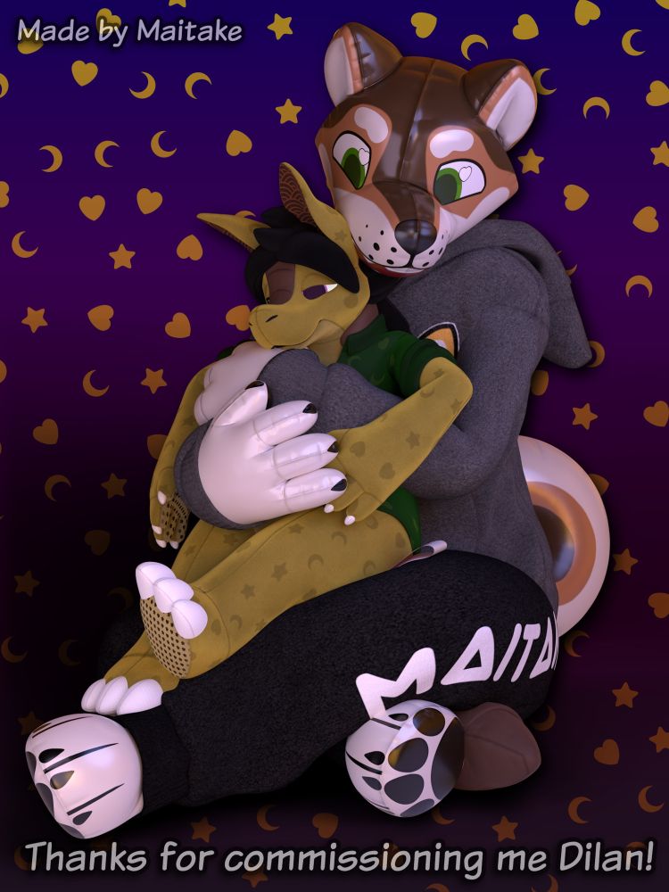 anthropomorphic inflatable shiba inu dog with dark comfy lounge wear, snuggling a plush of a 9-banded armadillo on his lap.
