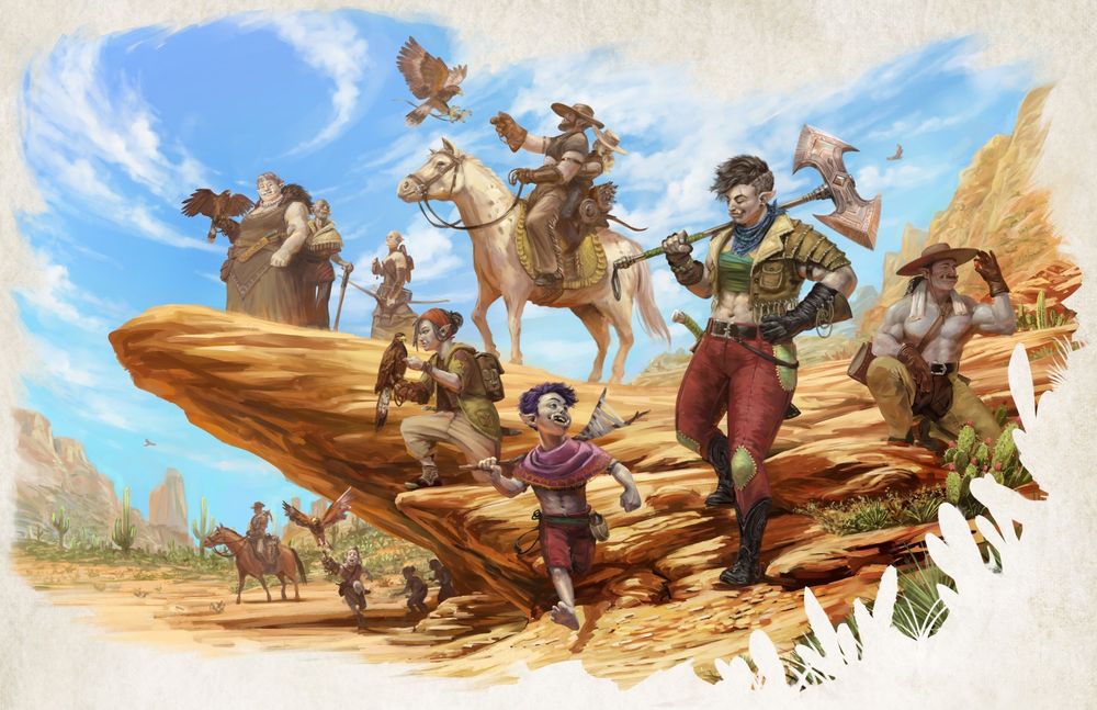 Painting of an orcish hunting party outdoors in a badlands environment. Several of the orcs are handling Harris's Hawks, with younger orcs learning from the older members of the party.