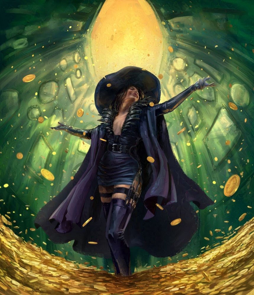 A woman dressed in dark leathers, crow feathers, and a wide-brimmed hat is showered in golden coins. She is surrounded by dozens of picture frames on the walls around her, and she looks blissfully satisfied.