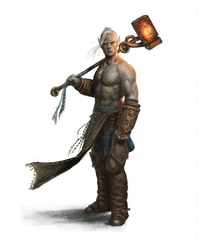 An elven barbarian wielding a glowing, molten hammer.