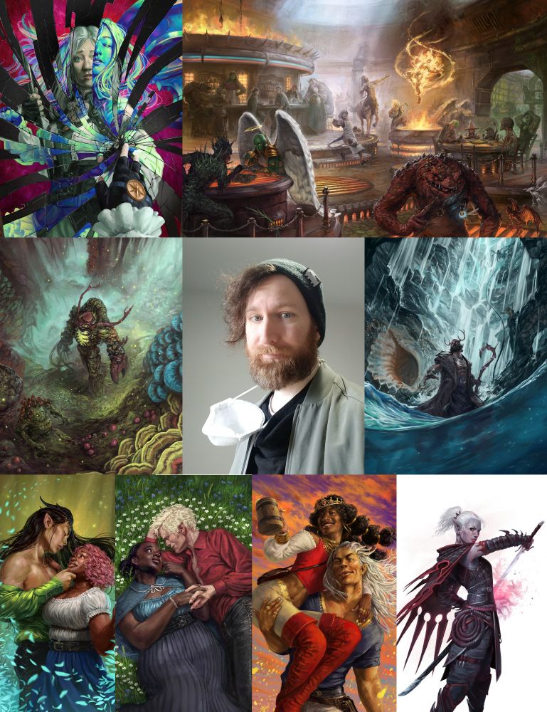 Photo of me (the guy posting) surrounded by several of my paintings that were released to the public this year. Full text descriptions for those available on each of their individual posts via my main profile!