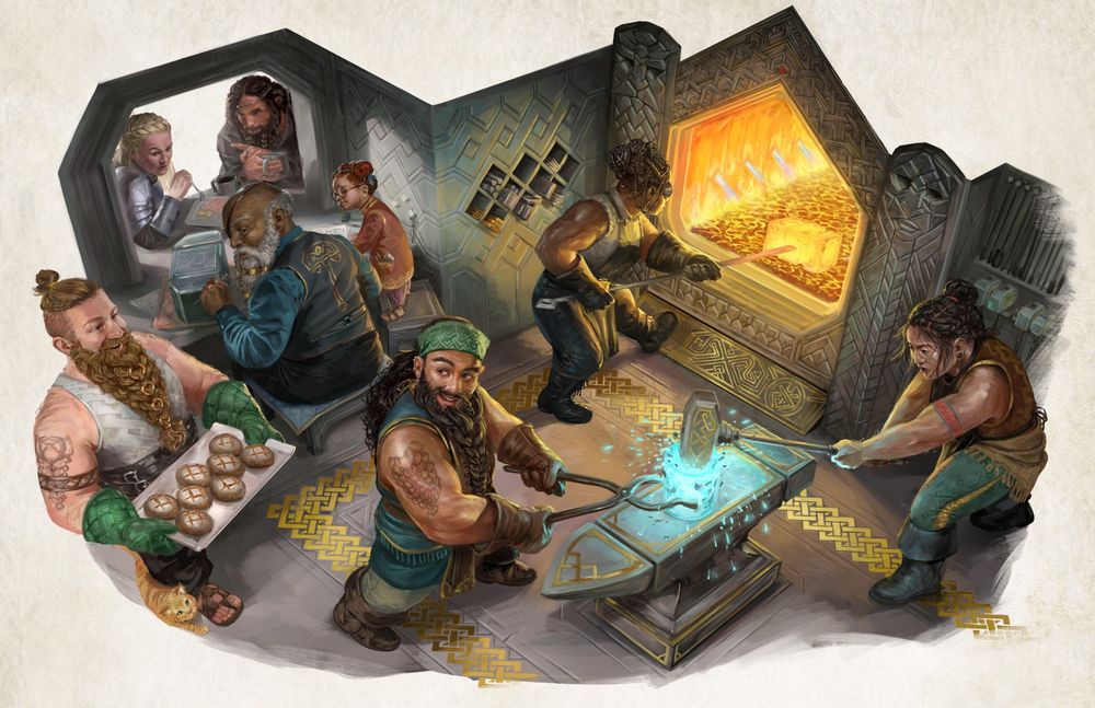 Painting of a dwarven smithing workshop, with dwarves performing various tasks.