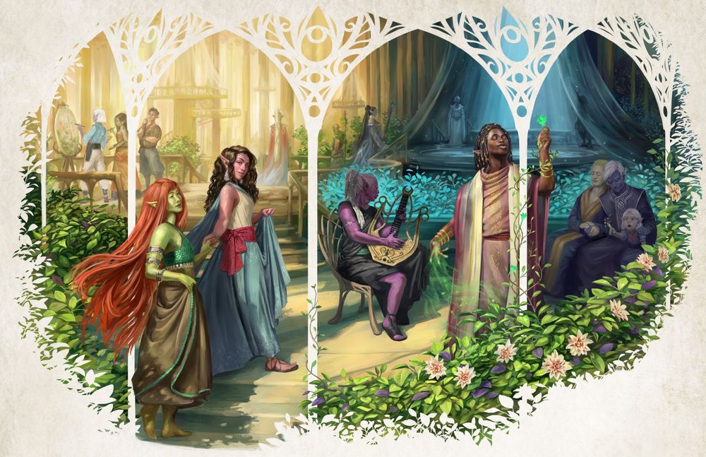 Painting of an elven enclave, featuring numerous elves engaging in various activities such as painting, playing music, gardening, or simply relaxing.