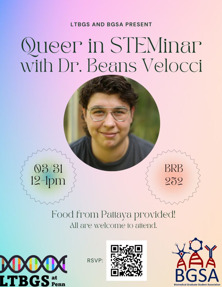 Flyer for Queer in STEMinar with Dr. Beans Velocci. Seminar scheduled for 3/31/25 12-1pm in BRB 252