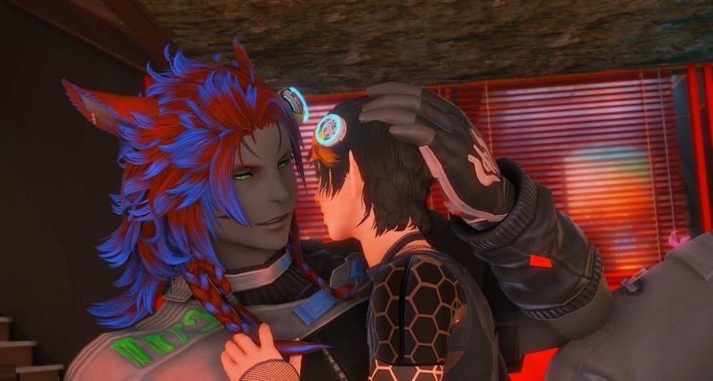 A close up view of miqo'te male laying on an ottoman with a small (au ra) elezen male sitting in front of him. They are holding each other and staring into each other eyes. The background is classy with sakura trees and red decor. The miqo'te has red hair with blue highlights and wearing gray tech gear. The (au ra) elezen has black hair with blonde highlights and dressed in goth attire and cyber styled tattoos. 