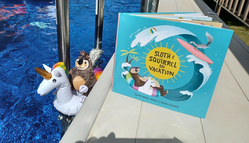 Sloth on a unicorn pool floatie from Sloth and Squirrel on Vacation by Kids Can Press