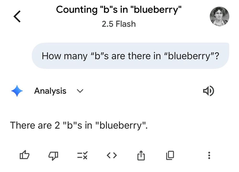 Screenshot of Gemini correctly counting the number of “b”s in “blueberry”, and stating the answer with far less bullshit than ChatGPT. 