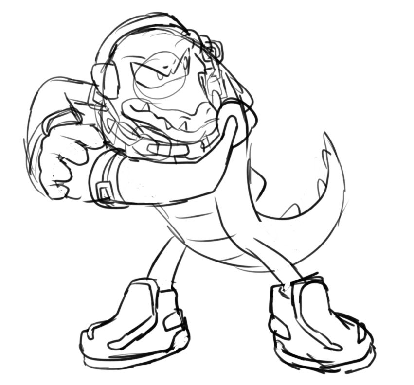 Vector the Crocodile, in a wide stance, punching his left fist into his right palm toughly as he looks to the right at something off-screen.