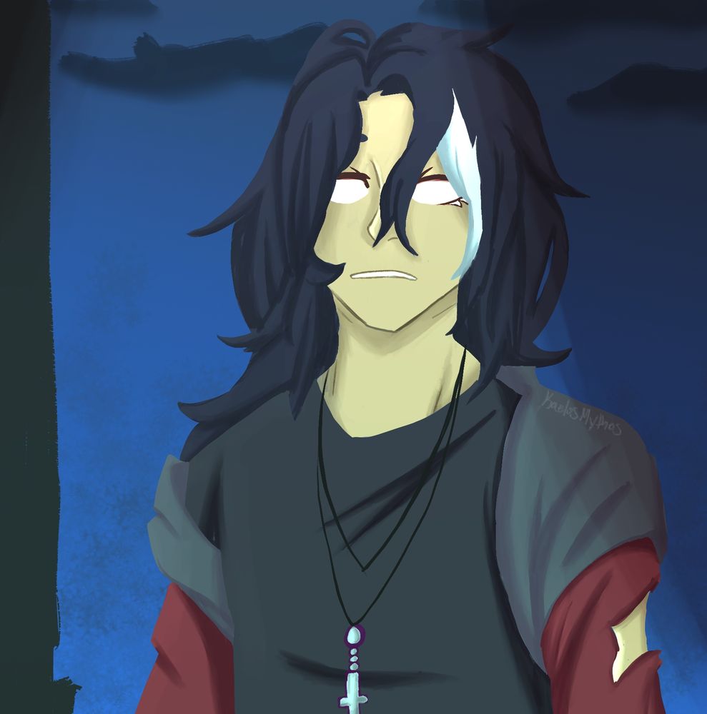 It's a painted illustration of my oc, Hitoshi Tsukahara. His eyes are ghostly looking while he looks down a street with a streetlight illuminated above him.