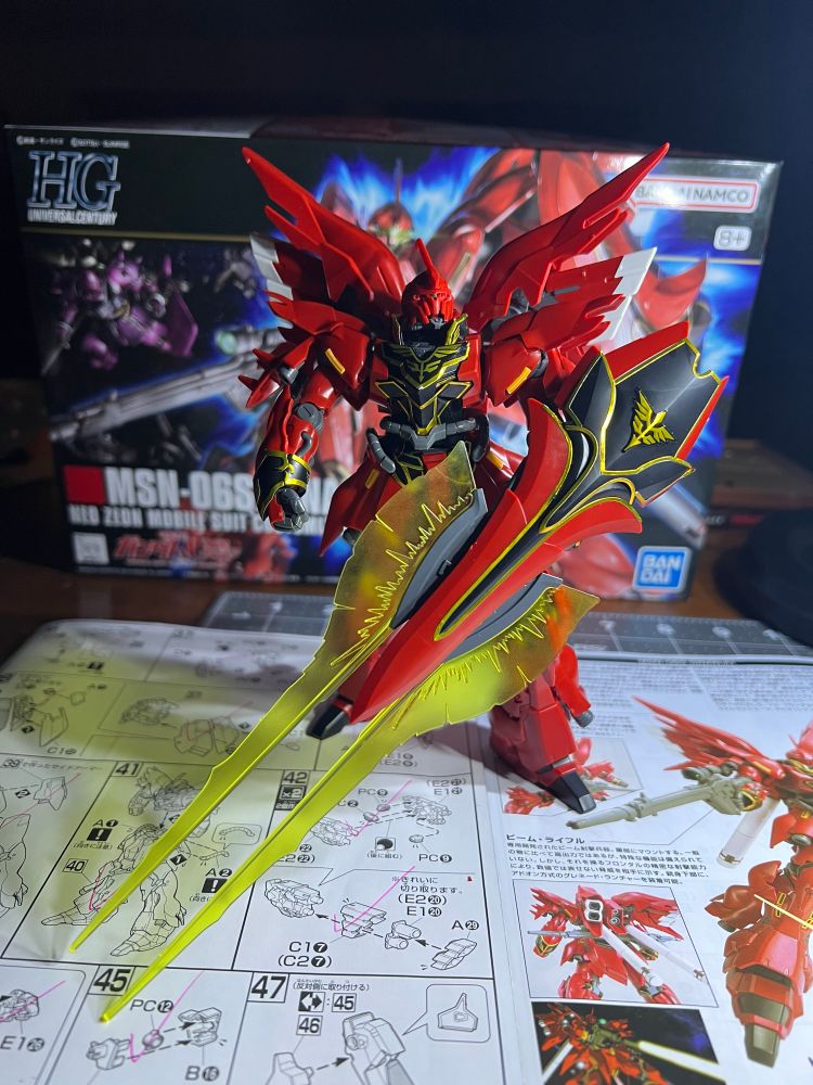 MSN-06S SINANJU HG gunpla from Gundam Unicorn (Full Frontal’s ride) which is a flashy red mobile suit with black and gold details because if you brainwash yourself into being Char you gotta be equally loud in your tastes 