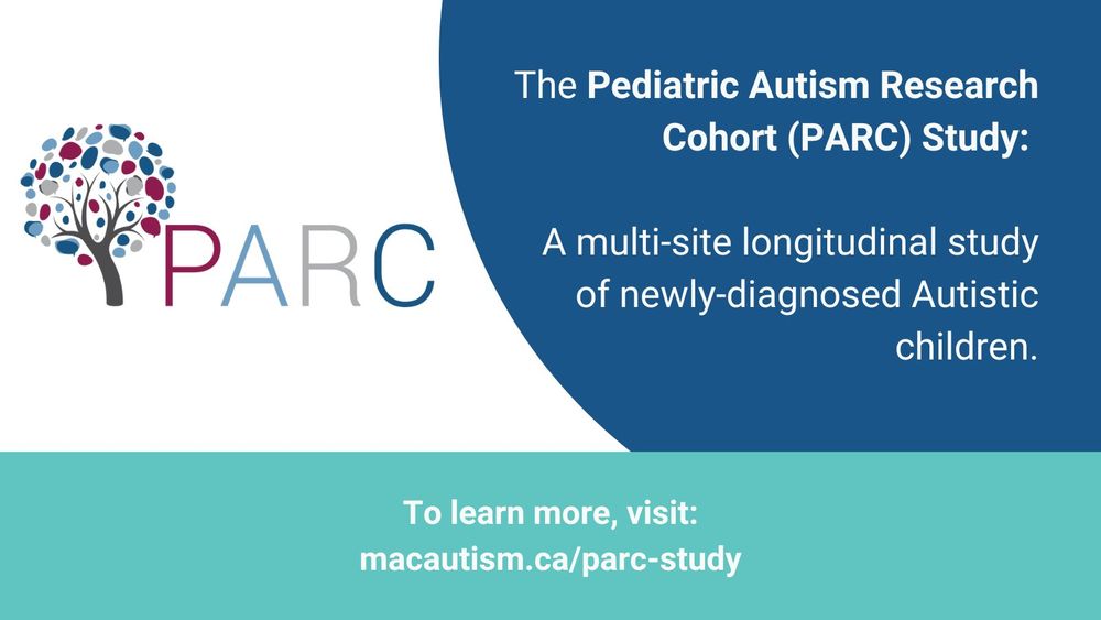 Text reads The Pediatric Autism Research Cohort, or PARC Study: A multi-site longitudinal study of newly-diagnosed Autistic children. To learn more, visit macautism.ca/parc-study. The PARC logo is featured on the image: a multi-coloured tree in red, light blue, gray, and dark blue, with the text "PARC" next to it in the same colours.