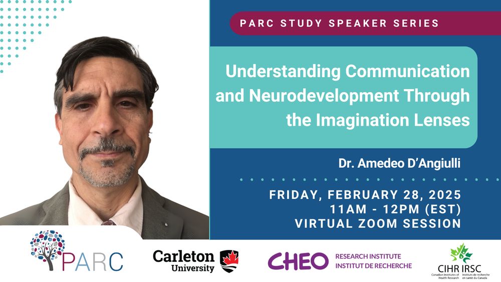PARC Study Speaker Series: Understanding Communication and Neurodevelopment Through the Imagination Lenses, by Dr. Amedeo D'Angiulli. The event will occur on Friday, February 28th, 2025 from 11am-12pm EST, as a virtual Zoom session. Image includes a picture of Dr. Amedeo D’Angiulli, as well as logos for the PARC Study, Carleton University, CHEO, and the Canadian Institutes of Health Research (CIHR).