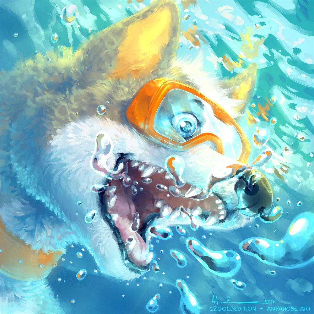Painted portrait of a gray and white anthropomorphic husky dog wearing orange swimming goggles and an orange studded collar under the surface of the water, enthusiastically trying to bite the water and sending air bubbles everywhere!