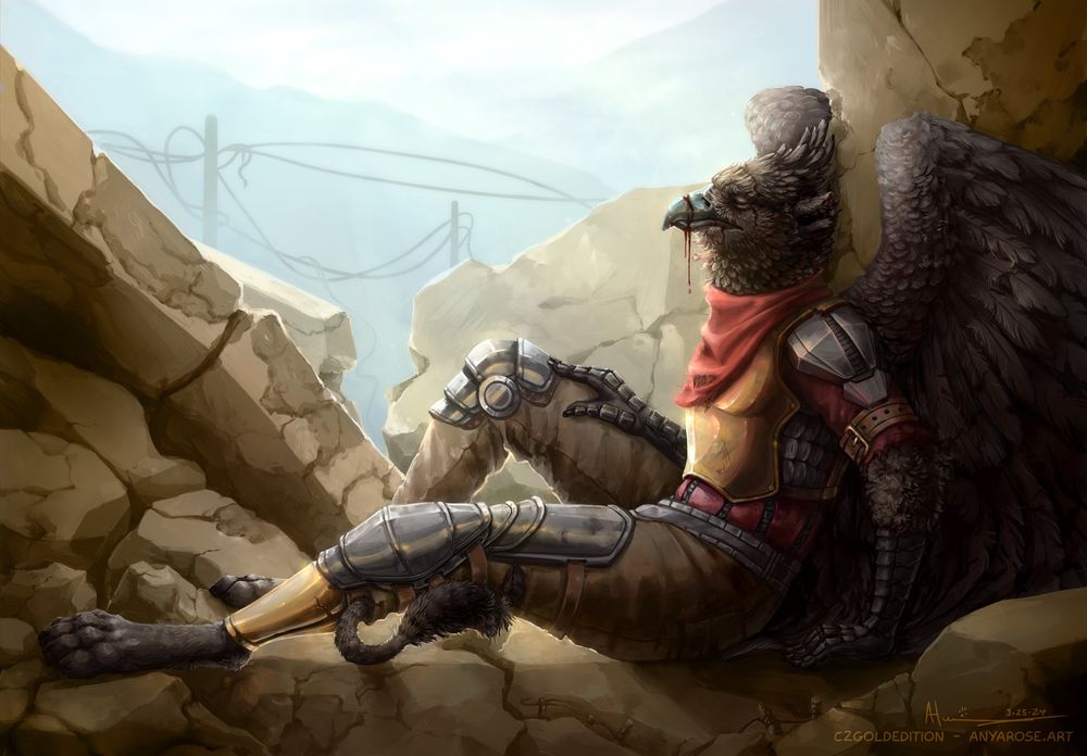 A coal-feathered gryphon rests against building rubble, clearly exhausted. His wings are broken, with glimmers of visible feathers extremely roughed up, and blood drips from his beak. He's wearing mismatched armor from different time periods and his lion-shaped tail appears tied beneath his clothing, protruding from the bottom of his left pant leg. Beyond the immediate ruins, snapped power lines and distant mountain silhouettes are shrouded in a misty blue atmosphere.