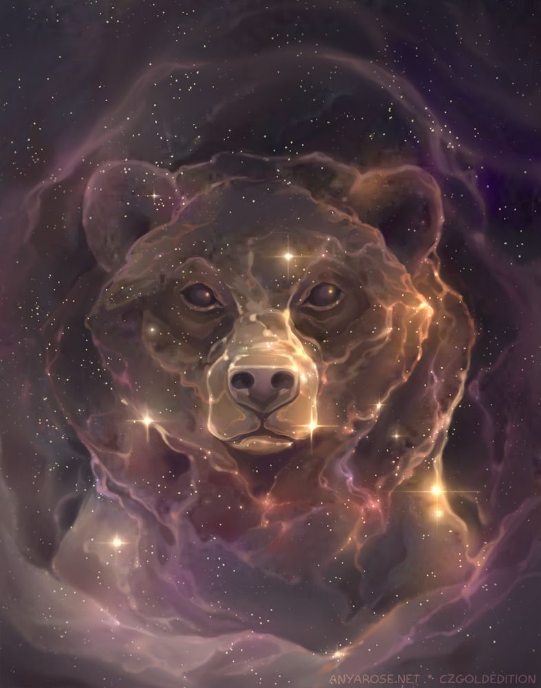 Painting of a nebula in the shape of a brown bear's face. The bear is looking directly at the viewer, with stars twinkling in the brown and purple gases that make up their form.