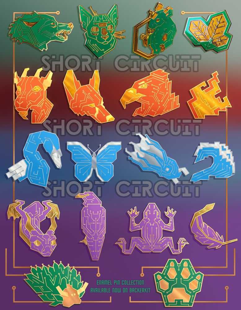 Featured here are photos of real pin samples for green PCB pins: a snarling wolf (Byte), cat (Circat), mouse/rat (Nibble), and leaves (Leaf). Next are designs for orange PCB pins: a goat (Hex), fox (Mozzy), eagle (Cloud), and flame (Firewall). In the third row are designs for blue PCB pins, a swan (Torrent), butterfly (Zip), vampire squid (Array), and wave (DDoS). In the fourth row are designs for purple PCB pins, a dragon (Python), raven (Malware), frog/toad (Jump), and feather (Incubate).

At the end are two bonus pin designs also available through the campaign - the cross-collaboration leaf sheep nudibranch and paw print (Pause). Text at the bottom reads, "Enamel Pin Collection Available Now on Backerkit".