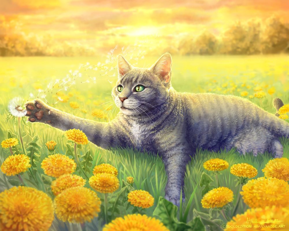 Painting of a gray tabby cat, Sophie, laying in a field of grass and dandelions. Warm yellows and oranges light the scene in a way that suggests the golden hour of twilight. She is reaching out for the one dandelion that is in the puffball phase, its seeds drifting away into the sunset at her touch.