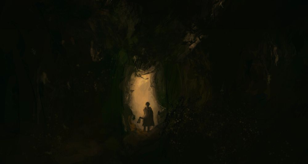 Study of a still from the movie The Green Knight, where the main character's contre-jour stands at the opening of a mossy dark cave.