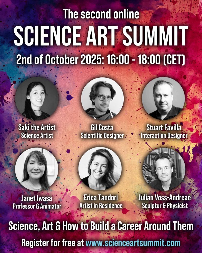 A flyer for the event that says: "The second online SCIENCE ART SUMMIT". Oct 2 2025: 16:00 - 18:00 (CET). Science, Art & How to Build a Career Around them. Free registration." The poster has 6 faces on it, presumably for 6 featured guests: Saki the Artist,  Gil Costa, Stuart Favilla, Janet Iwasa, Erica Tandori, and Julian Voss-Andreae