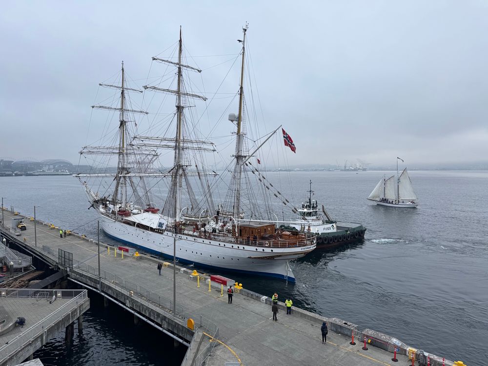 The tall ship in a foggy, gray harbor. I haven’t seen many tall ships, but it’s bigger than I expected!